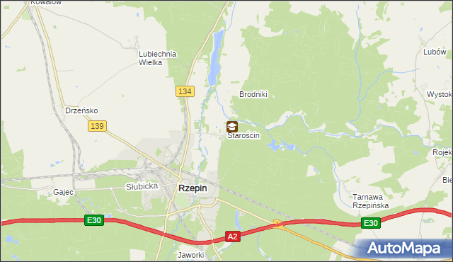 mapa Starościn gmina Rzepin, Starościn gmina Rzepin na mapie Targeo