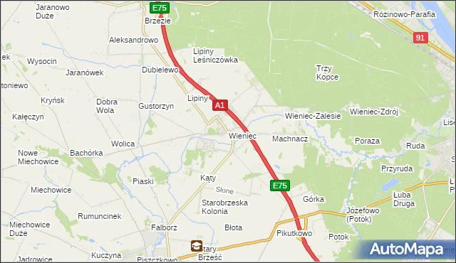 mapa Wieniec gmina Brześć Kujawski, Wieniec gmina Brześć Kujawski na mapie Targeo