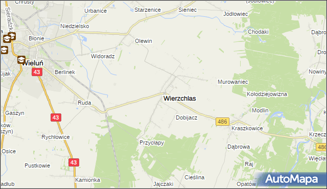 mapa Wierzchlas powiat wieluński, Wierzchlas powiat wieluński na mapie Targeo