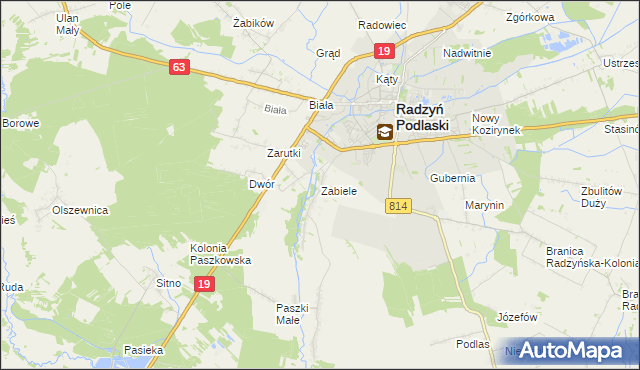 mapa Zabiele gmina Radzyń Podlaski, Zabiele gmina Radzyń Podlaski na mapie Targeo