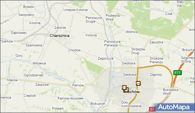 mapa Zagorzyce gmina Miechów, Zagorzyce gmina Miechów na mapie Targeo
