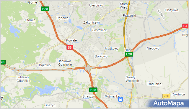 mapa Borkowo gmina Pruszcz Gdański, Borkowo gmina Pruszcz Gdański na mapie Targeo