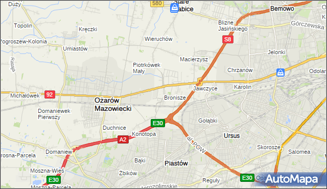 mapa Bronisze gmina Ożarów Mazowiecki, Bronisze gmina Ożarów Mazowiecki na mapie Targeo