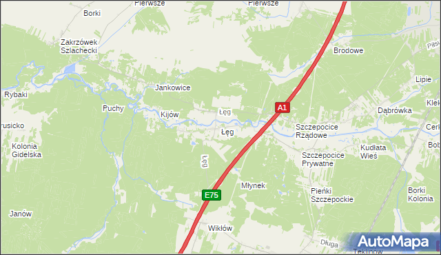 mapa Łęg gmina Kruszyna, Łęg gmina Kruszyna na mapie Targeo