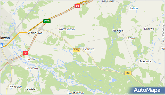 mapa Tychowo gmina Sławno, Tychowo gmina Sławno na mapie Targeo