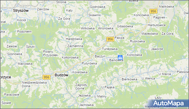 mapa Baczyn gmina Budzów, Baczyn gmina Budzów na mapie Targeo