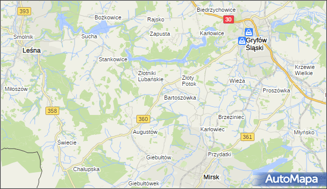 mapa Bartoszówka gmina Leśna, Bartoszówka gmina Leśna na mapie Targeo