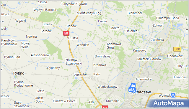 mapa Bronisławy gmina Sochaczew, Bronisławy gmina Sochaczew na mapie Targeo