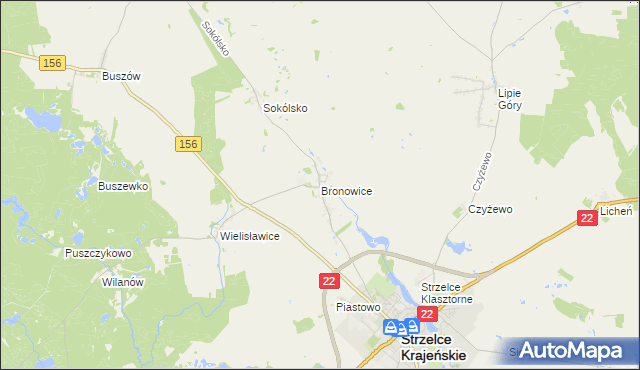 mapa Bronowice gmina Strzelce Krajeńskie, Bronowice gmina Strzelce Krajeńskie na mapie Targeo