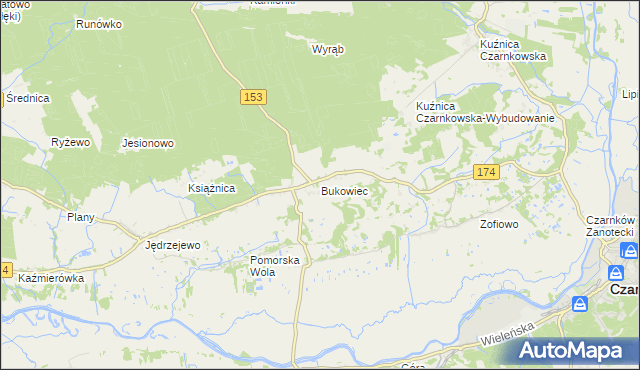 mapa Bukowiec gmina Czarnków, Bukowiec gmina Czarnków na mapie Targeo