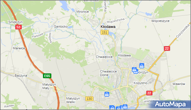 mapa Chwalęcice gmina Kłodawa, Chwalęcice gmina Kłodawa na mapie Targeo