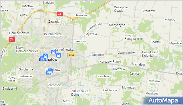 mapa Dobiecin gmina Bełchatów, Dobiecin gmina Bełchatów na mapie Targeo
