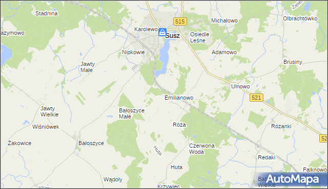 mapa Emilianowo gmina Susz, Emilianowo gmina Susz na mapie Targeo