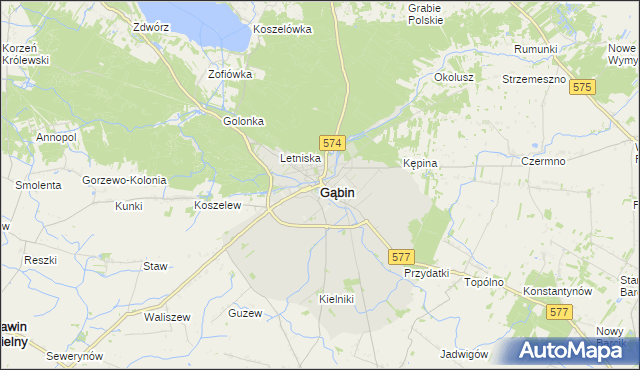 mapa Gąbin powiat płocki, Gąbin powiat płocki na mapie Targeo