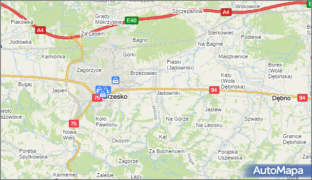 mapa Jadowniki gmina Brzesko, Jadowniki gmina Brzesko na mapie Targeo