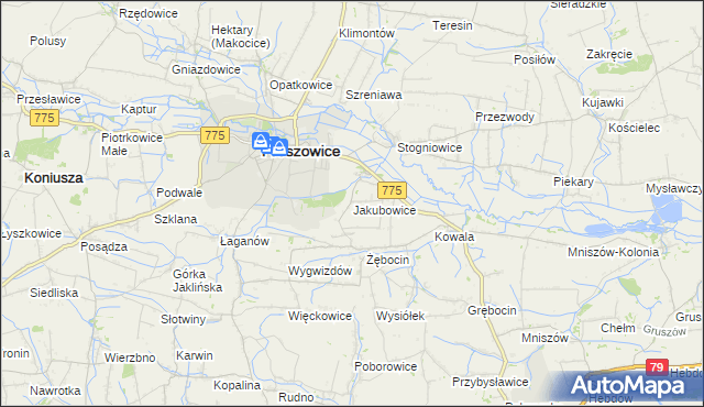 mapa Jakubowice gmina Proszowice, Jakubowice gmina Proszowice na mapie Targeo