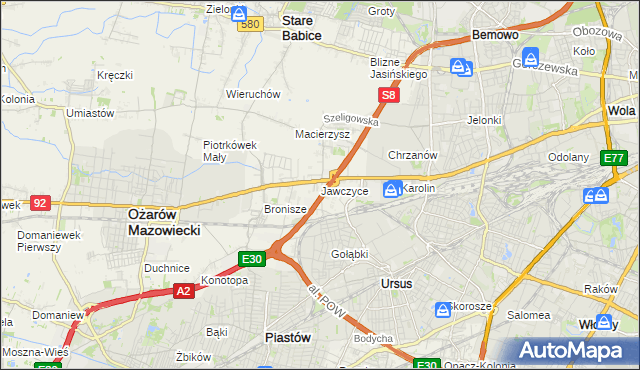 mapa Jawczyce gmina Ożarów Mazowiecki, Jawczyce gmina Ożarów Mazowiecki na mapie Targeo