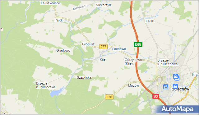 mapa Kije gmina Sulechów, Kije gmina Sulechów na mapie Targeo