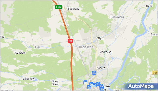 mapa Konradowo gmina Otyń, Konradowo gmina Otyń na mapie Targeo