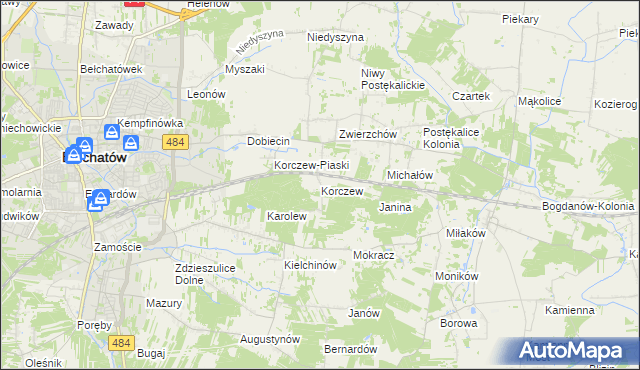 mapa Korczew gmina Bełchatów, Korczew gmina Bełchatów na mapie Targeo