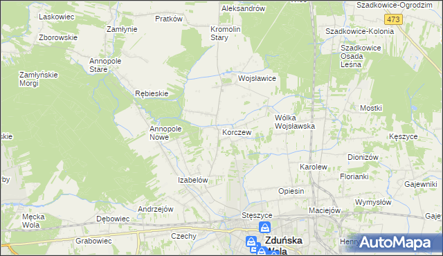 mapa Korczew gmina Zduńska Wola, Korczew gmina Zduńska Wola na mapie Targeo