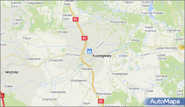 mapa Koziegłowy powiat myszkowski, Koziegłowy powiat myszkowski na mapie Targeo
