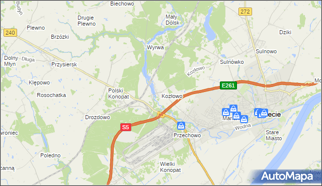 mapa Kozłowo gmina Świecie, Kozłowo gmina Świecie na mapie Targeo