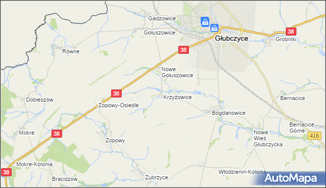 mapa Krzyżowice gmina Głubczyce, Krzyżowice gmina Głubczyce na mapie Targeo