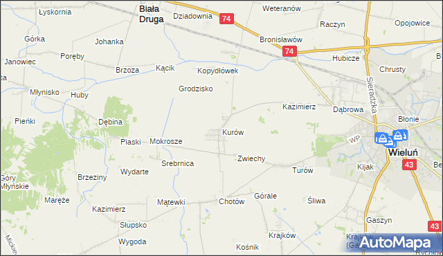 mapa Kurów gmina Wieluń, Kurów gmina Wieluń na mapie Targeo