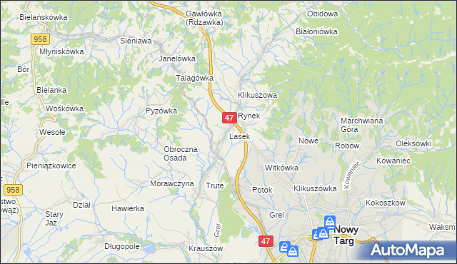 mapa Lasek gmina Nowy Targ, Lasek gmina Nowy Targ na mapie Targeo