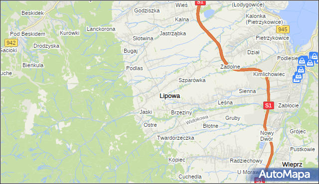 mapa Lipowa powiat żywiecki, Lipowa powiat żywiecki na mapie Targeo