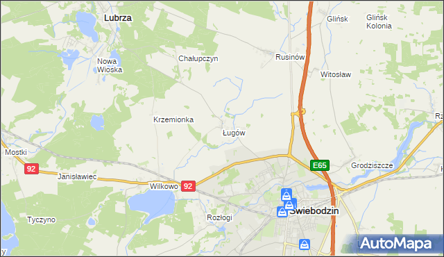 mapa Ługów gmina Świebodzin, Ługów gmina Świebodzin na mapie Targeo