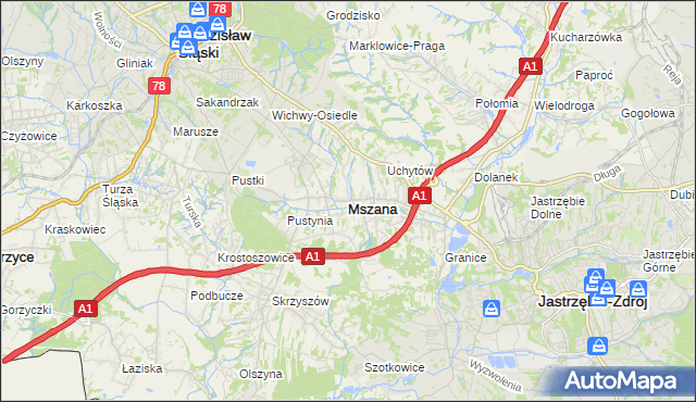 mapa Mszana powiat wodzisławski, Mszana powiat wodzisławski na mapie Targeo