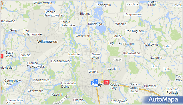 mapa Nowa Wieś gmina Kęty, Nowa Wieś gmina Kęty na mapie Targeo