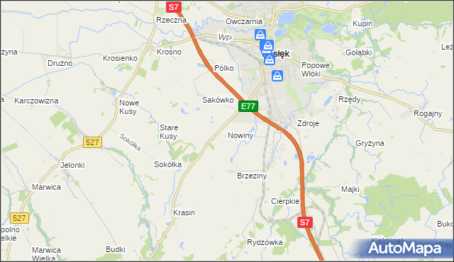 mapa Nowiny gmina Pasłęk, Nowiny gmina Pasłęk na mapie Targeo