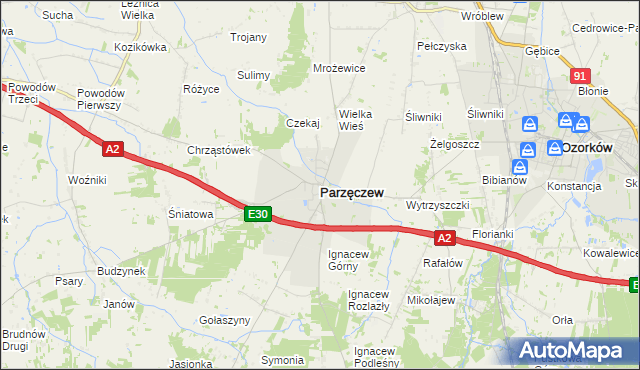 mapa Parzęczew powiat zgierski, Parzęczew powiat zgierski na mapie Targeo