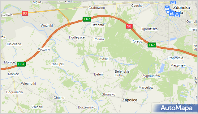 mapa Piaski gmina Zduńska Wola, Piaski gmina Zduńska Wola na mapie Targeo