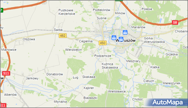 mapa Podzamcze gmina Wieruszów, Podzamcze gmina Wieruszów na mapie Targeo