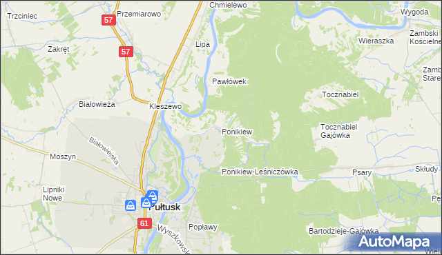 mapa Ponikiew gmina Pułtusk, Ponikiew gmina Pułtusk na mapie Targeo