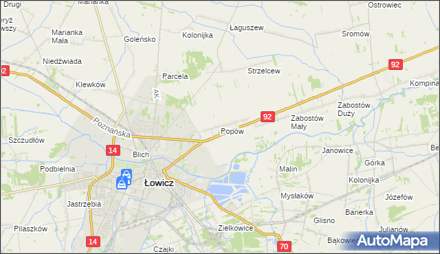 mapa Popów gmina Łowicz, Popów gmina Łowicz na mapie Targeo