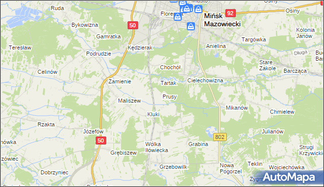 mapa Prusy gmina Mińsk Mazowiecki, Prusy gmina Mińsk Mazowiecki na mapie Targeo