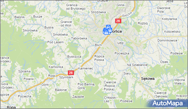mapa Ropica Polska, Ropica Polska na mapie Targeo