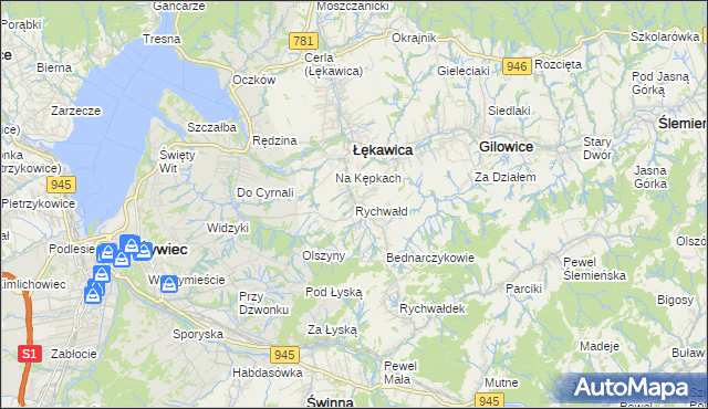 mapa Rychwałd gmina Gilowice, Rychwałd gmina Gilowice na mapie Targeo