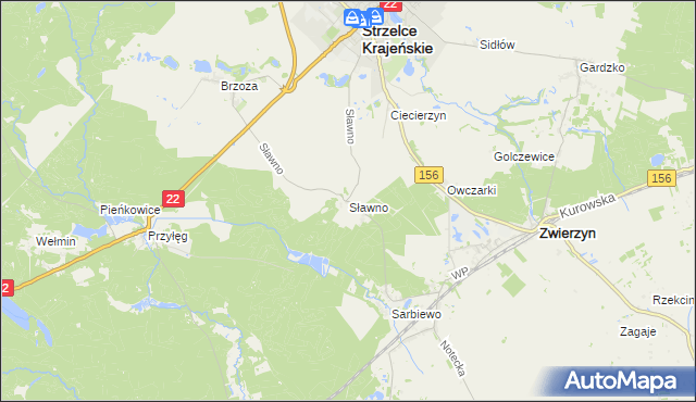 mapa Sławno gmina Strzelce Krajeńskie, Sławno gmina Strzelce Krajeńskie na mapie Targeo