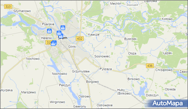 mapa Sosnowiec gmina Śrem, Sosnowiec gmina Śrem na mapie Targeo