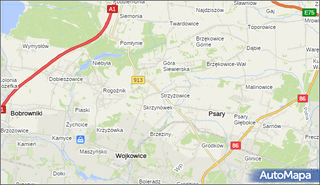 mapa Strzyżowice gmina Psary, Strzyżowice gmina Psary na mapie Targeo