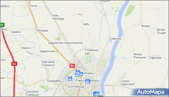 mapa Tczewskie Łąki, Tczewskie Łąki na mapie Targeo