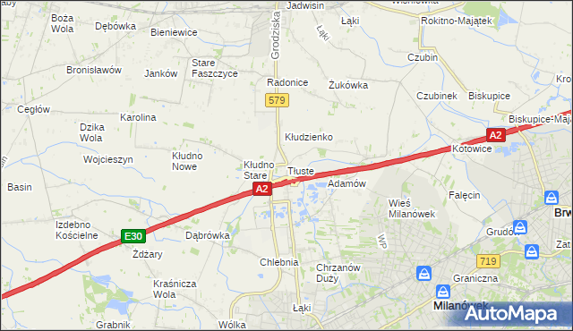 mapa Tłuste gmina Grodzisk Mazowiecki, Tłuste gmina Grodzisk Mazowiecki na mapie Targeo