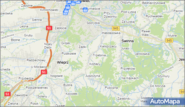 mapa Trzebinia gmina Świnna, Trzebinia gmina Świnna na mapie Targeo