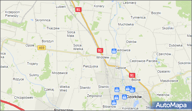 mapa Wróblew gmina Ozorków, Wróblew gmina Ozorków na mapie Targeo